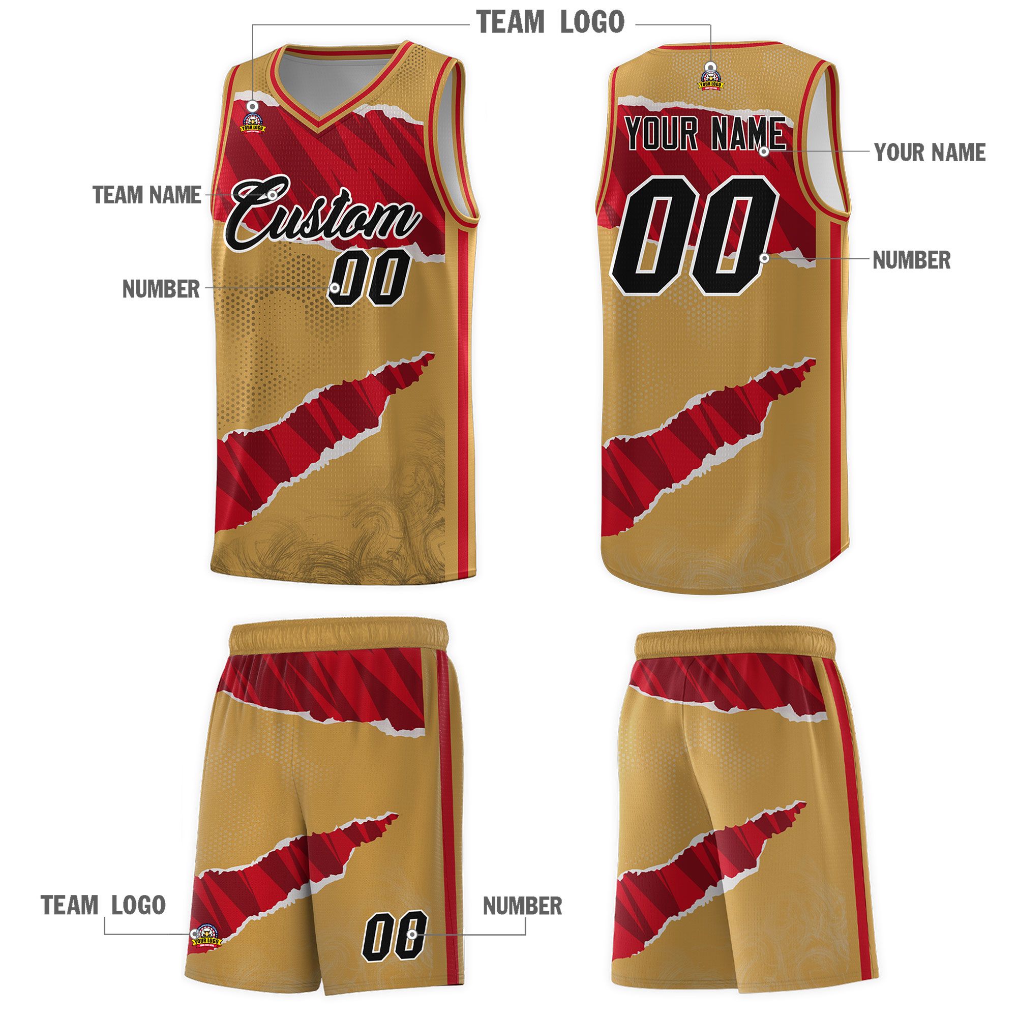 Custom Old Gold Red-Black Tear Graffiti Pattern Sports Uniform Basketball Jersey