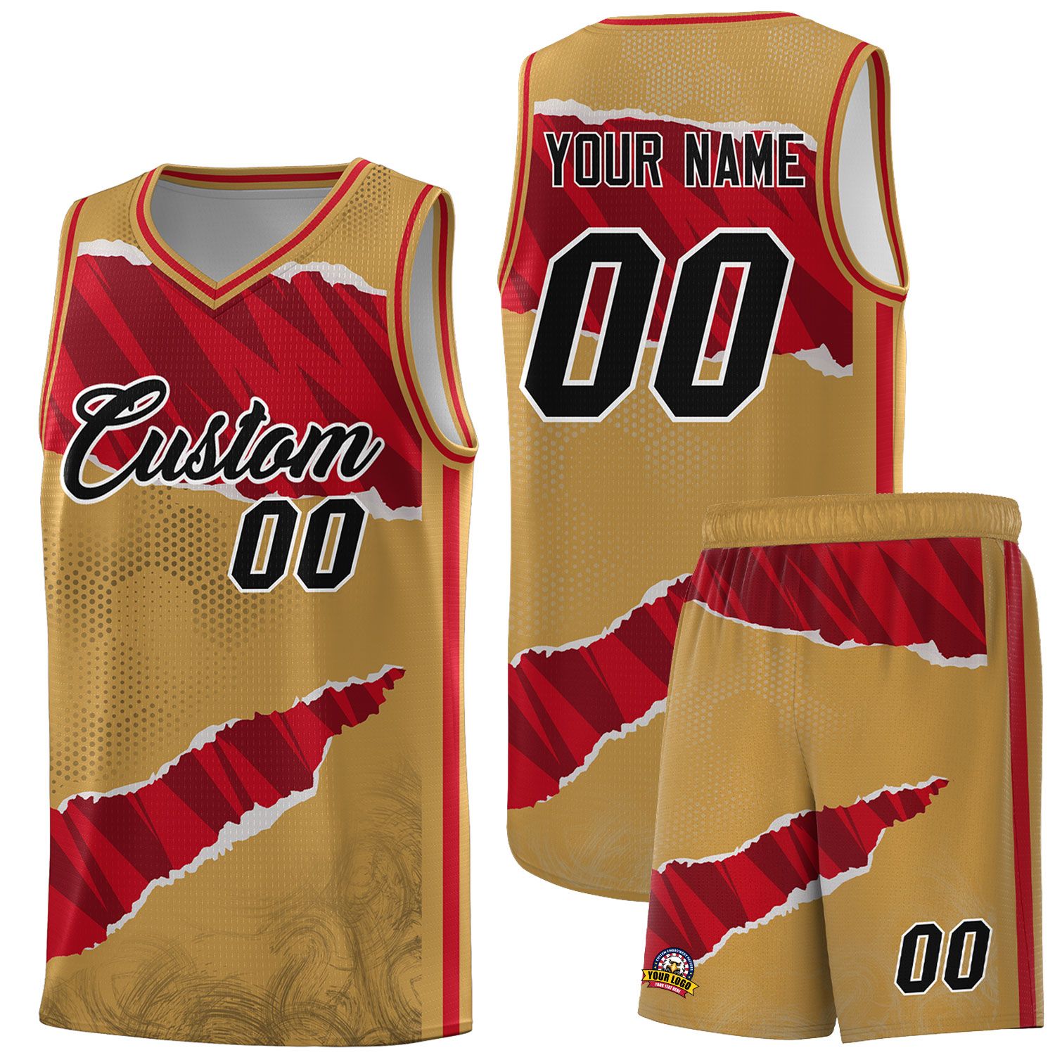 Custom Old Gold Red-Black Tear Graffiti Pattern Sports Uniform Basketball Jersey