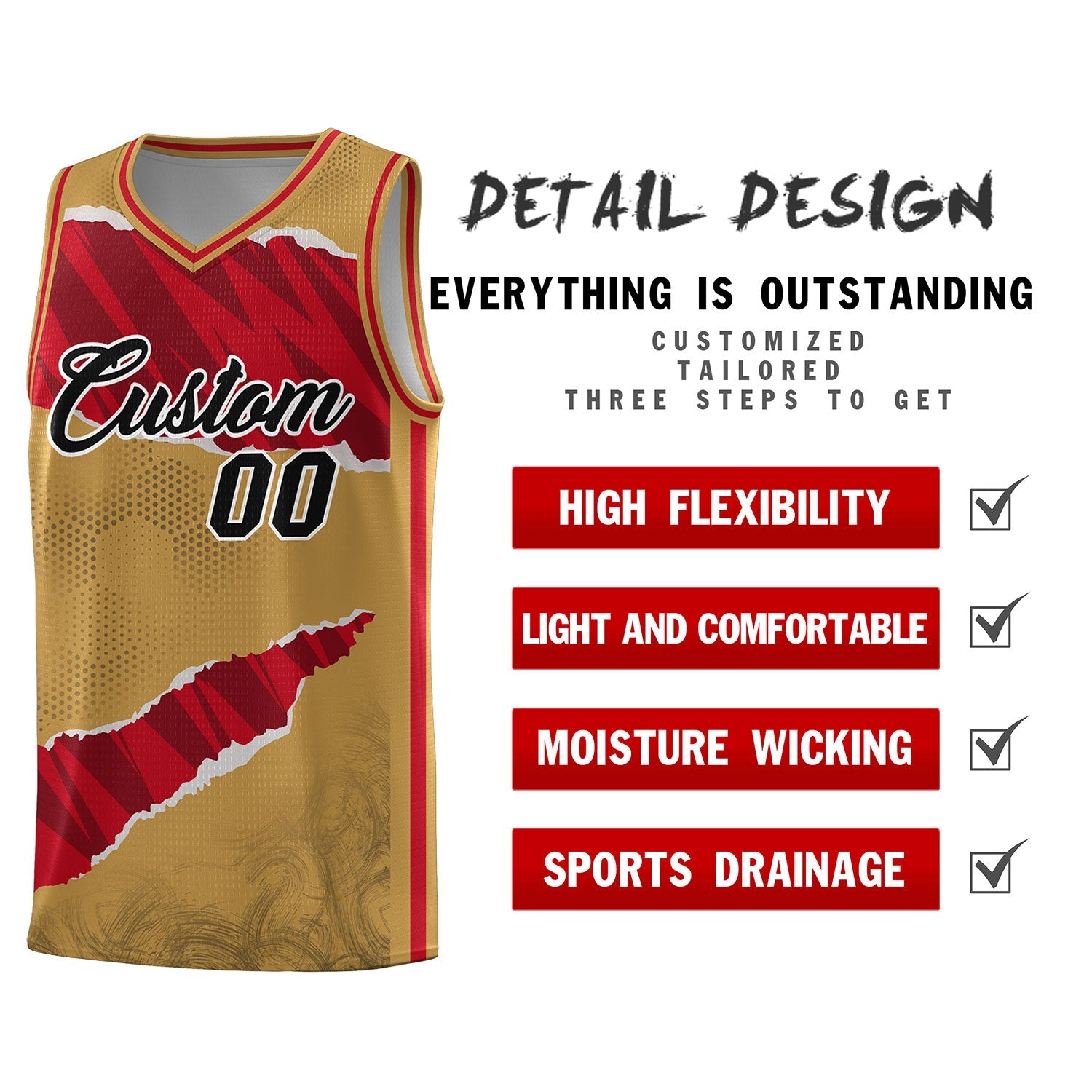 Custom Old Gold Red-Black Tear Graffiti Pattern Sports Uniform Basketball Jersey