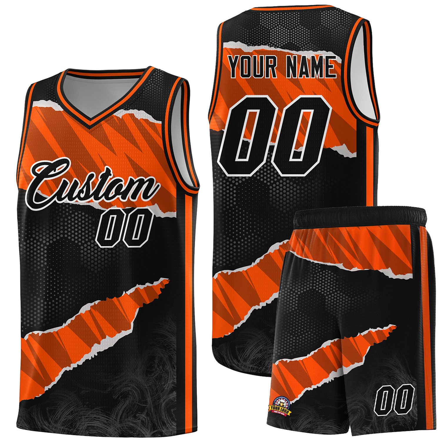 Custom Black Orange-Black Tear Graffiti Pattern Sports Uniform Basketball Jersey