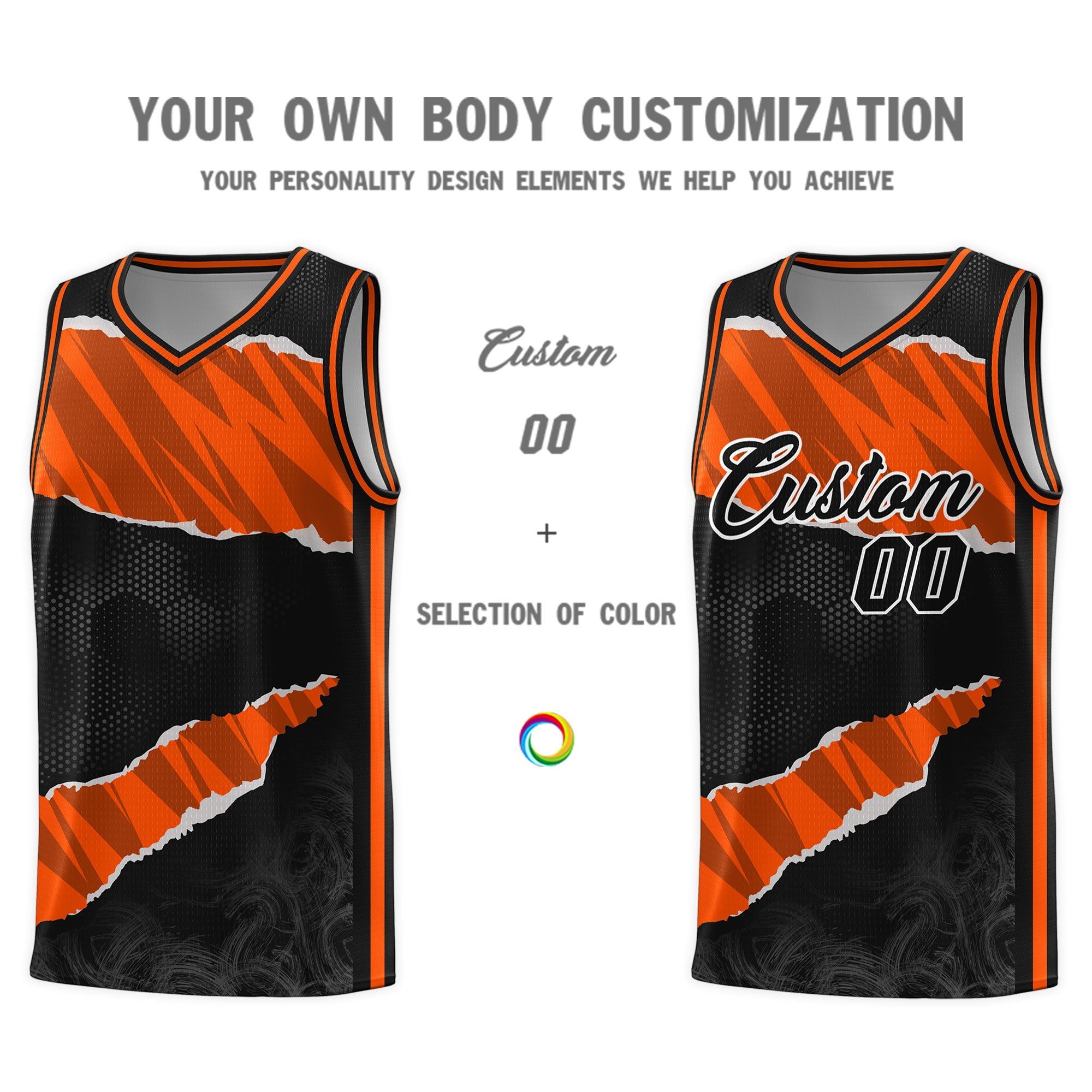 Custom Black Orange-Black Tear Graffiti Pattern Sports Uniform Basketball Jersey