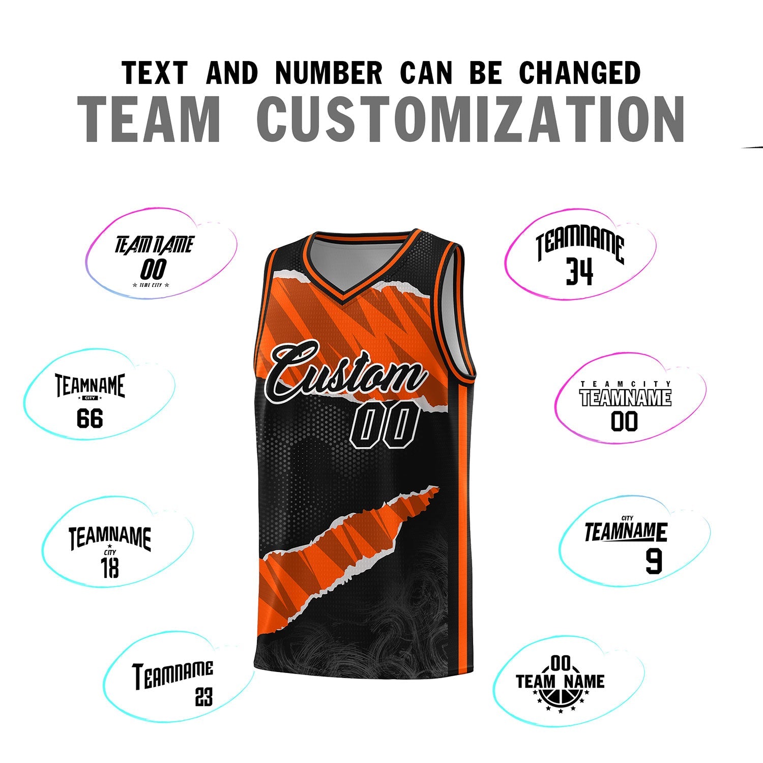 Custom Black Orange-Black Tear Graffiti Pattern Sports Uniform Basketball Jersey