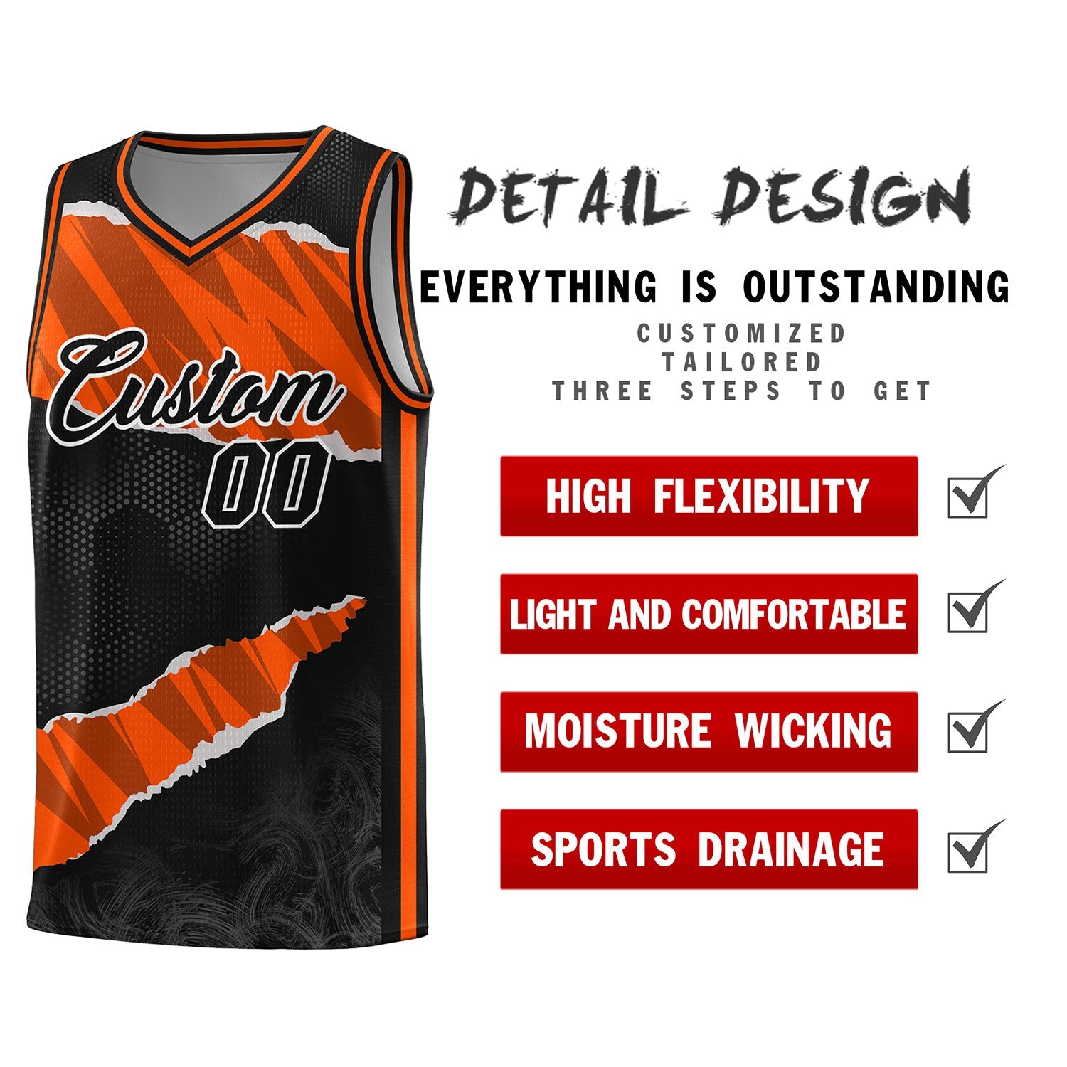 Custom Black Orange-Black Tear Graffiti Pattern Sports Uniform Basketball Jersey