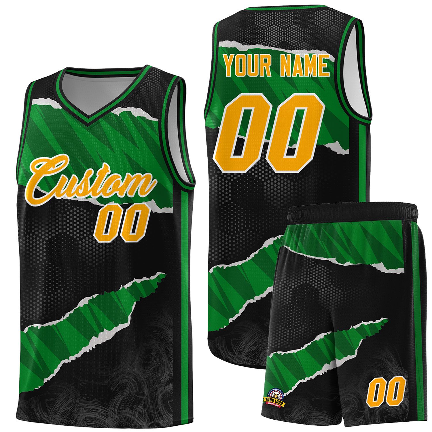 Custom Black Kelly Green-Black Tear Graffiti Pattern Sports Uniform Basketball Jersey