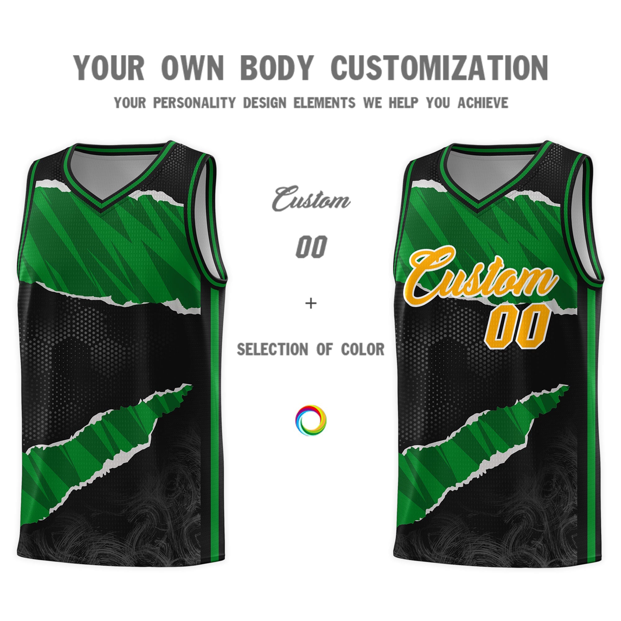 Custom Black Kelly Green-Black Tear Graffiti Pattern Sports Uniform Basketball Jersey