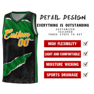 Custom Black Kelly Green-Black Tear Graffiti Pattern Sports Uniform Basketball Jersey