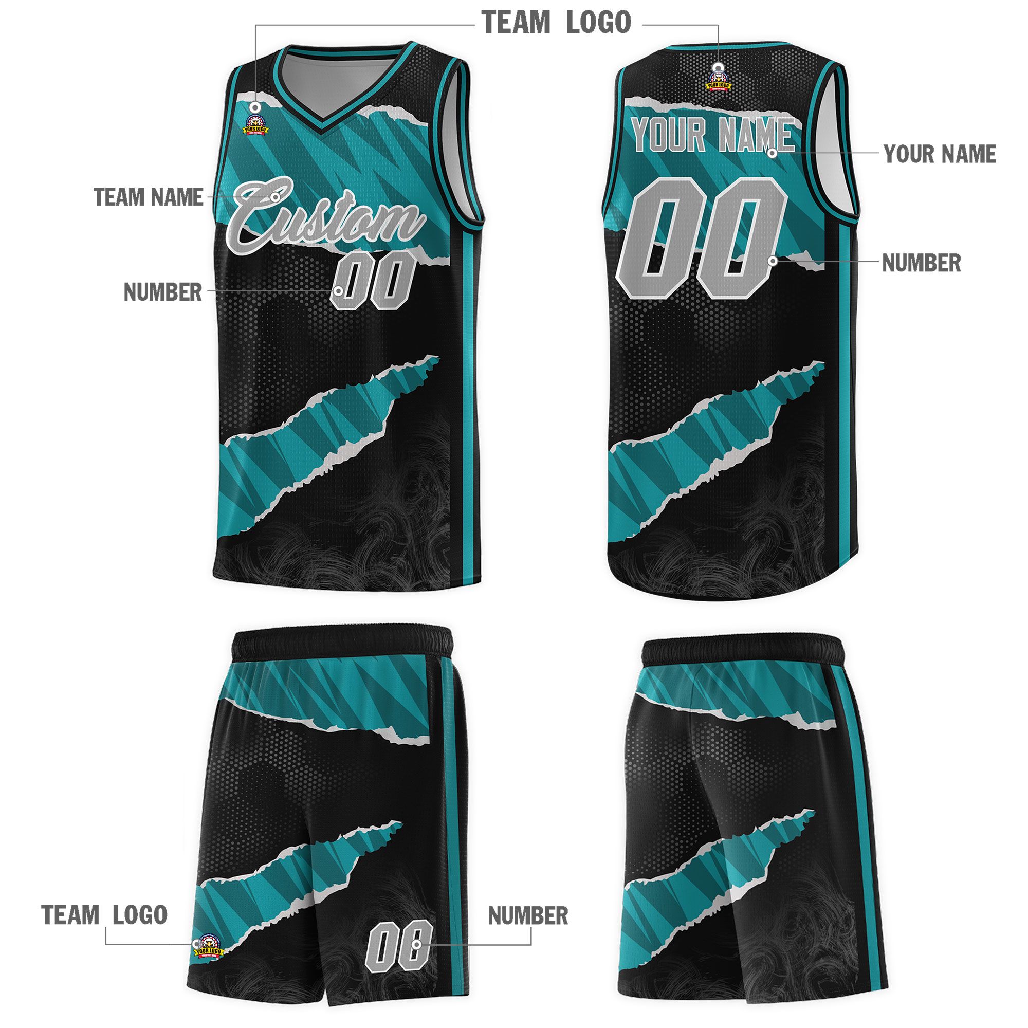 Custom Black Aqua-Black Tear Graffiti Pattern Sports Uniform Basketball Jersey