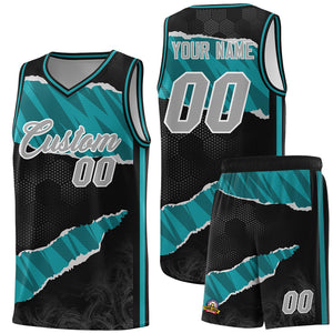 Custom Black Aqua-Black Tear Graffiti Pattern Sports Uniform Basketball Jersey