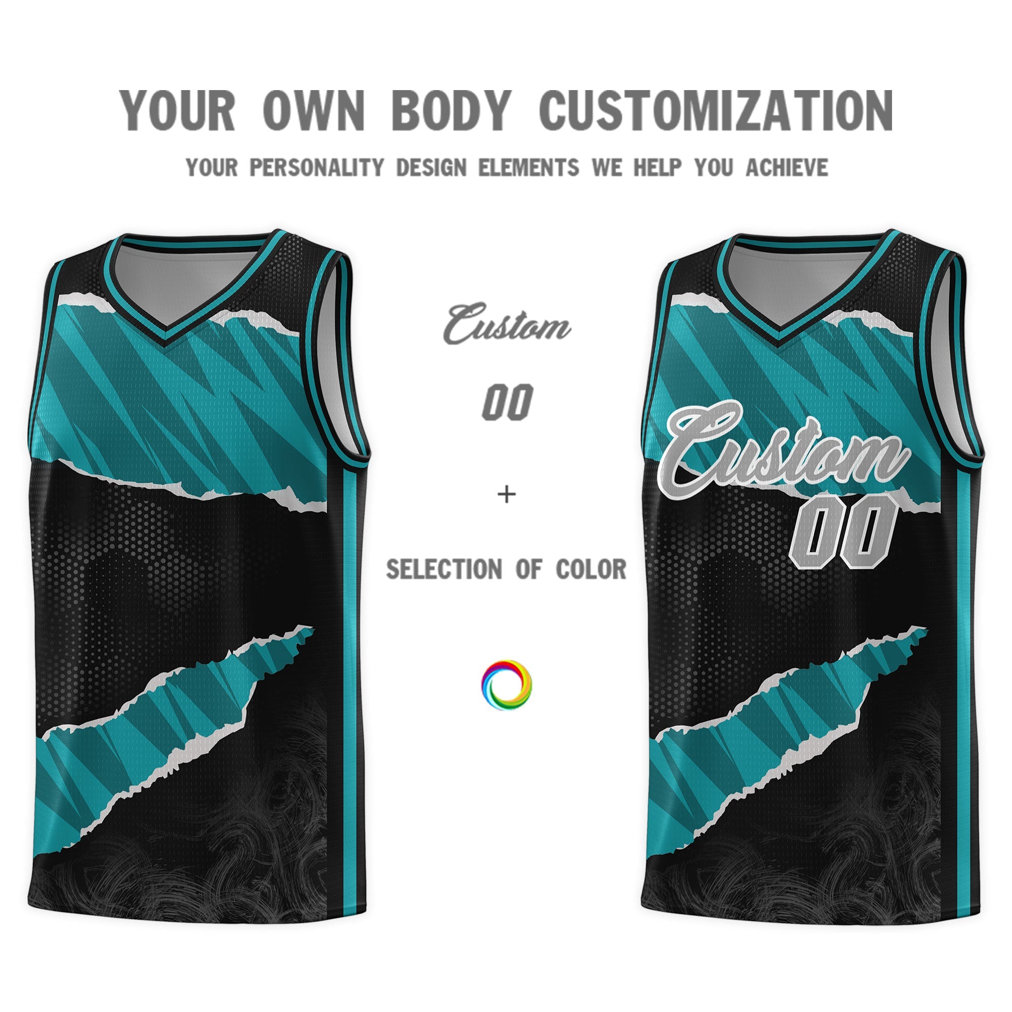 Custom Black Aqua-Black Tear Graffiti Pattern Sports Uniform Basketball Jersey