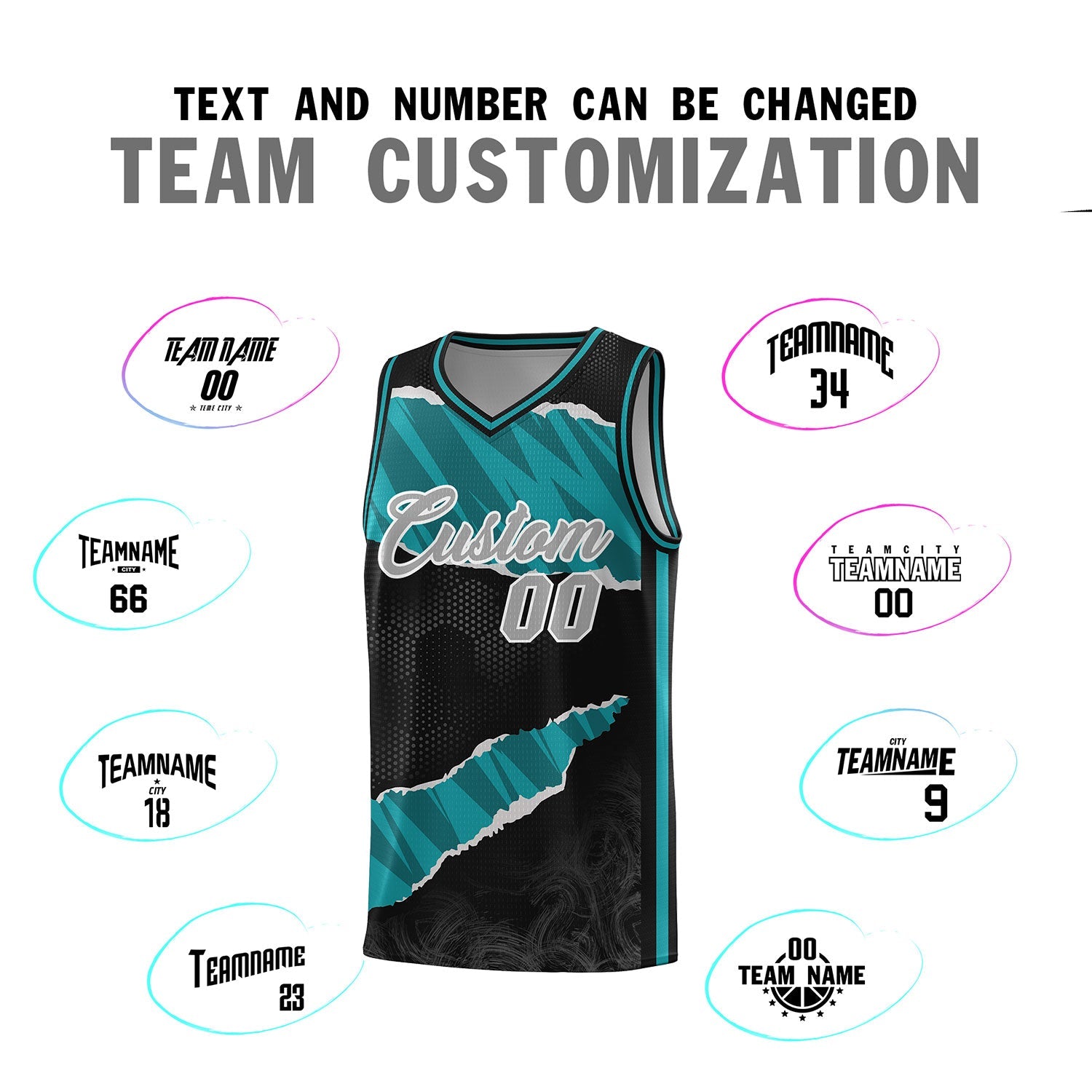 Custom Black Aqua-Black Tear Graffiti Pattern Sports Uniform Basketball Jersey