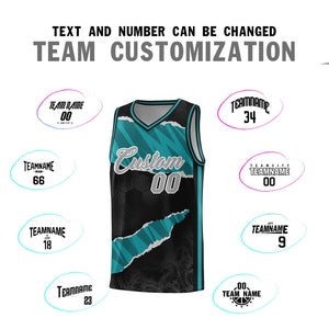 Custom Black Aqua-Black Tear Graffiti Pattern Sports Uniform Basketball Jersey