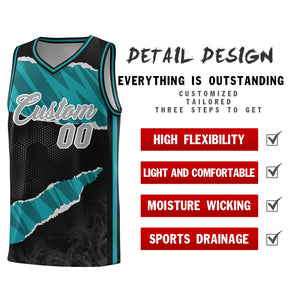 Custom Black Aqua-Black Tear Graffiti Pattern Sports Uniform Basketball Jersey