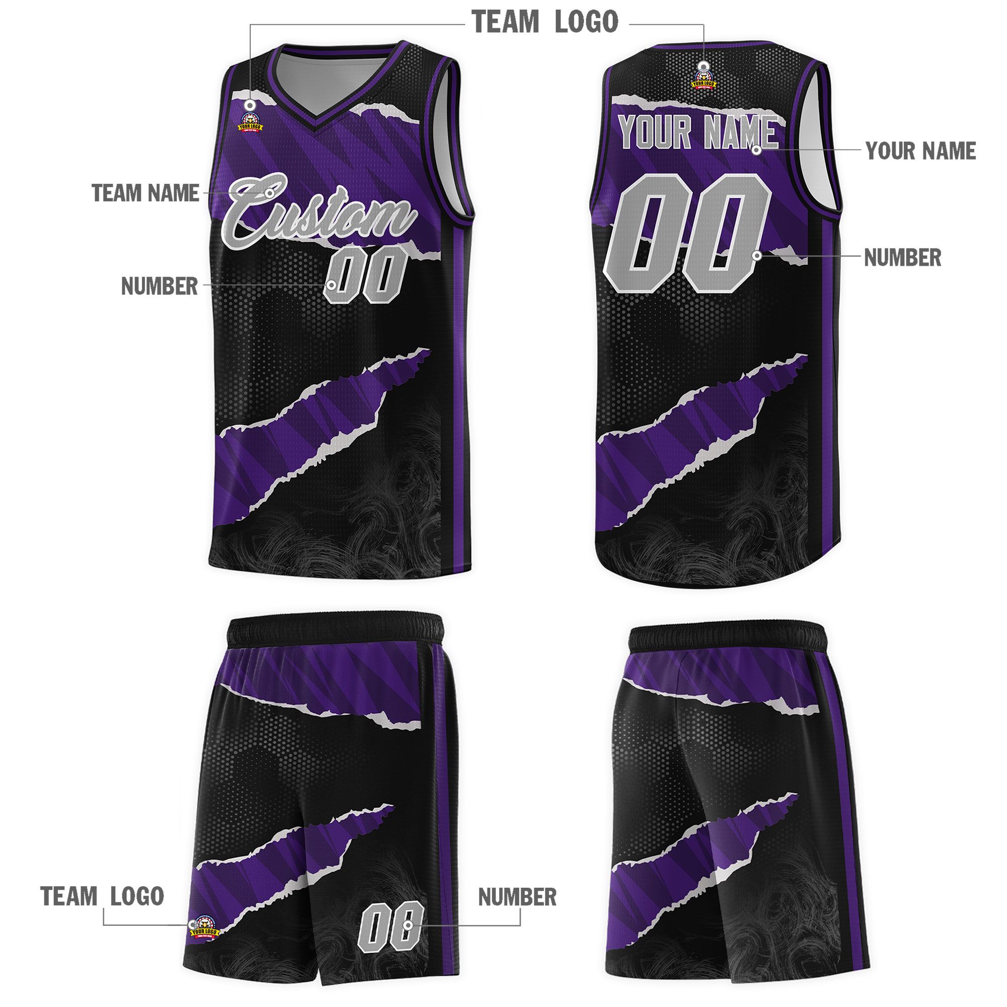 Custom Black Purple-Black Tear Graffiti Pattern Sports Uniform Basketball Jersey