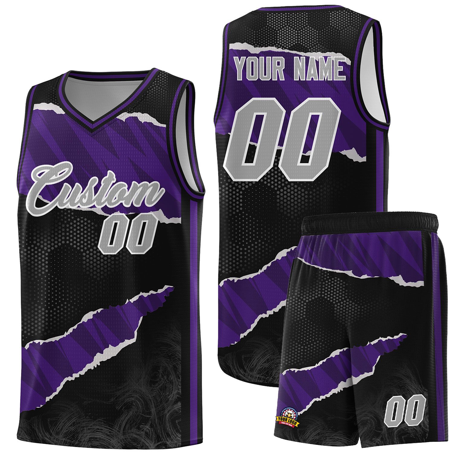 Custom Black Purple-Black Tear Graffiti Pattern Sports Uniform Basketball Jersey