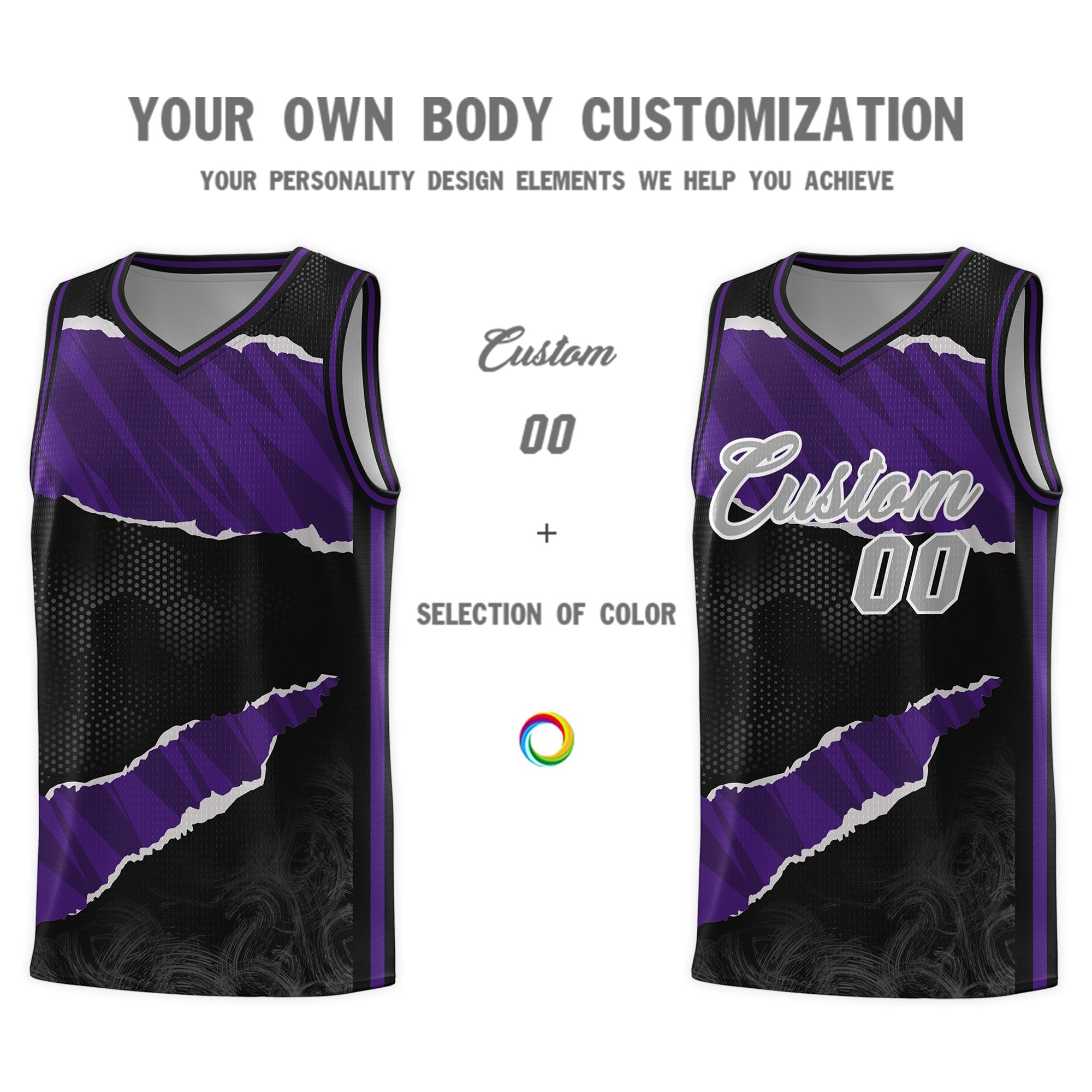 Custom Black Purple-Black Tear Graffiti Pattern Sports Uniform Basketball Jersey