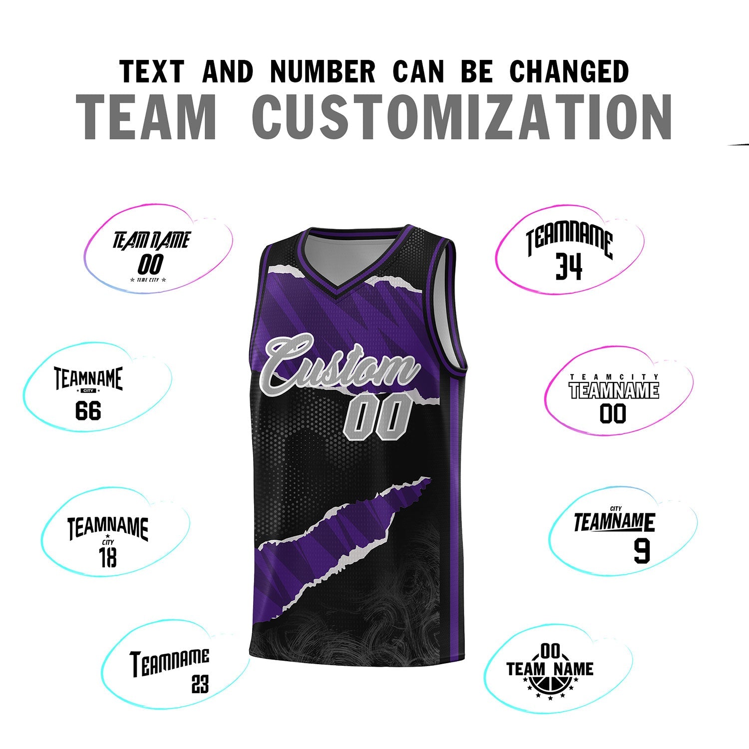 Custom Black Purple-Black Tear Graffiti Pattern Sports Uniform Basketball Jersey