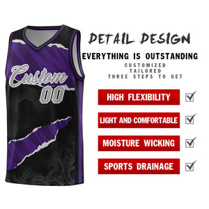 Custom Black Purple-Black Tear Graffiti Pattern Sports Uniform Basketball Jersey