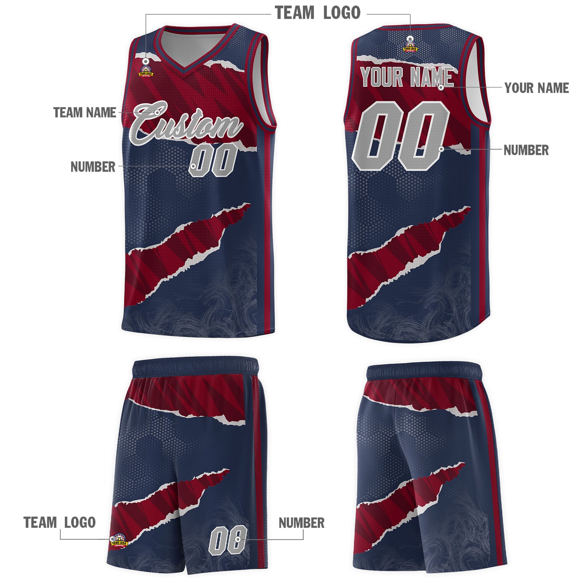 Custom Midnight Blue Crimson-Black Tear Graffiti Pattern Sports Uniform Basketball Jersey