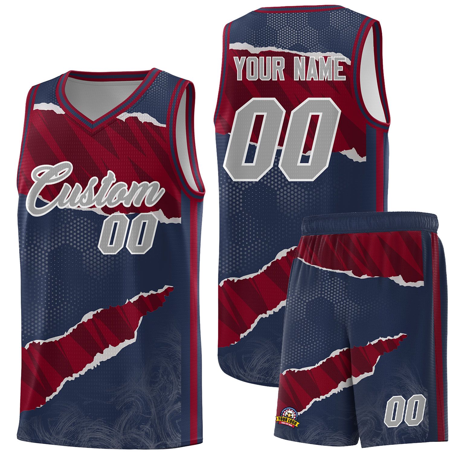 Custom Midnight Blue Crimson-Black Tear Graffiti Pattern Sports Uniform Basketball Jersey