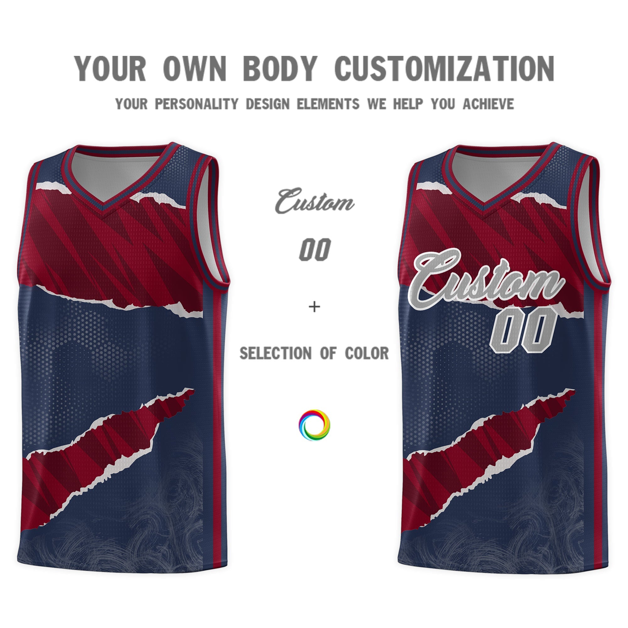 Custom Midnight Blue Crimson-Black Tear Graffiti Pattern Sports Uniform Basketball Jersey