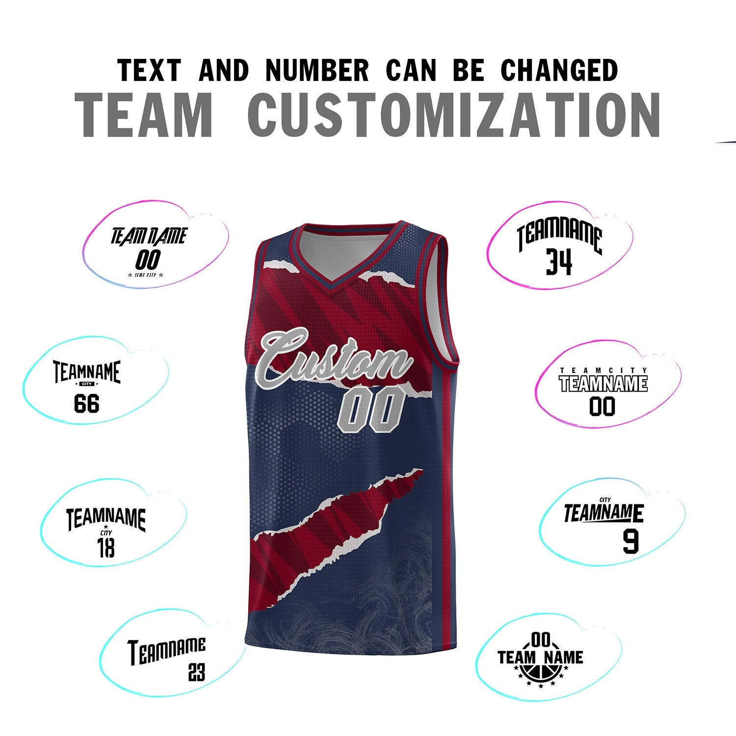 Custom Midnight Blue Crimson-Black Tear Graffiti Pattern Sports Uniform Basketball Jersey