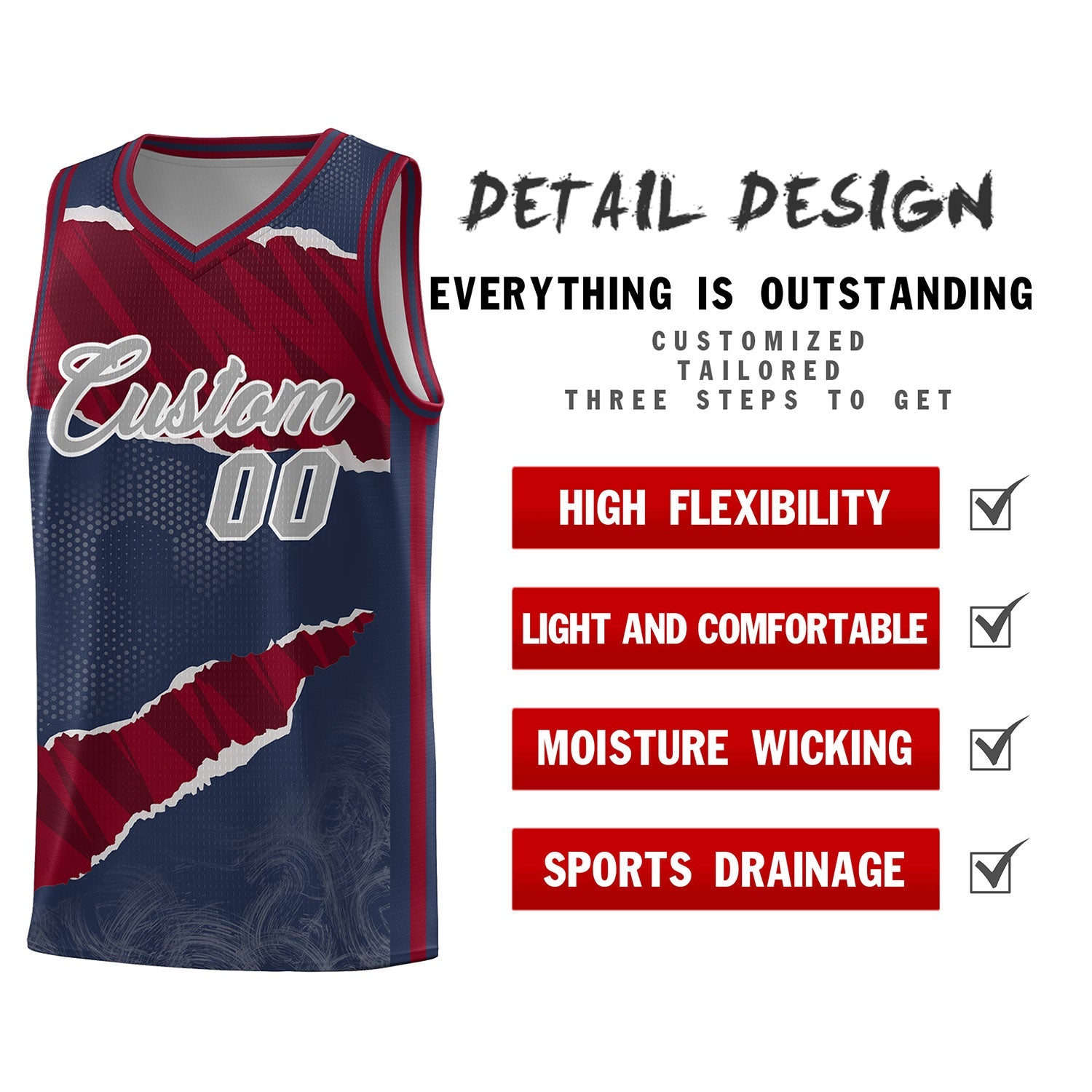 Custom Midnight Blue Crimson-Black Tear Graffiti Pattern Sports Uniform Basketball Jersey