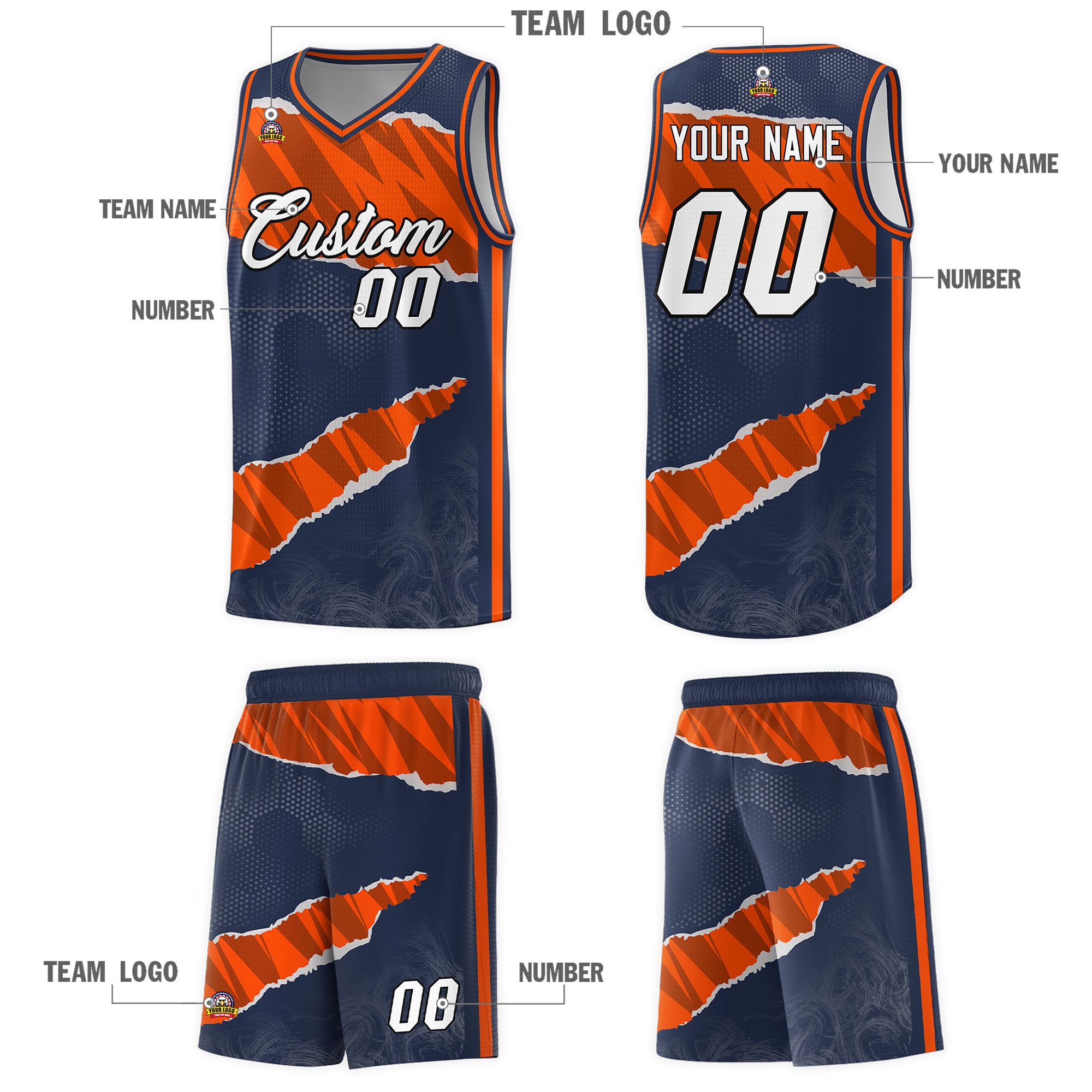 Custom Midnight Blue Orange-Black Tear Graffiti Pattern Sports Uniform Basketball Jersey