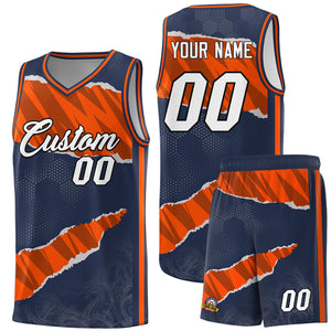 Custom Midnight Blue Orange-Black Tear Graffiti Pattern Sports Uniform Basketball Jersey