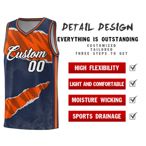 Custom Midnight Blue Orange-Black Tear Graffiti Pattern Sports Uniform Basketball Jersey