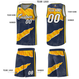 Custom Midnight Blue Gold-Orange Tear Graffiti Pattern Sports Uniform Basketball Jersey