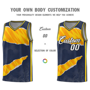 Custom Midnight Blue Gold-Orange Tear Graffiti Pattern Sports Uniform Basketball Jersey