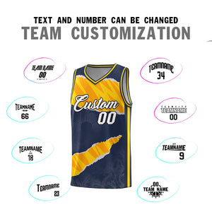 Custom Midnight Blue Gold-Orange Tear Graffiti Pattern Sports Uniform Basketball Jersey