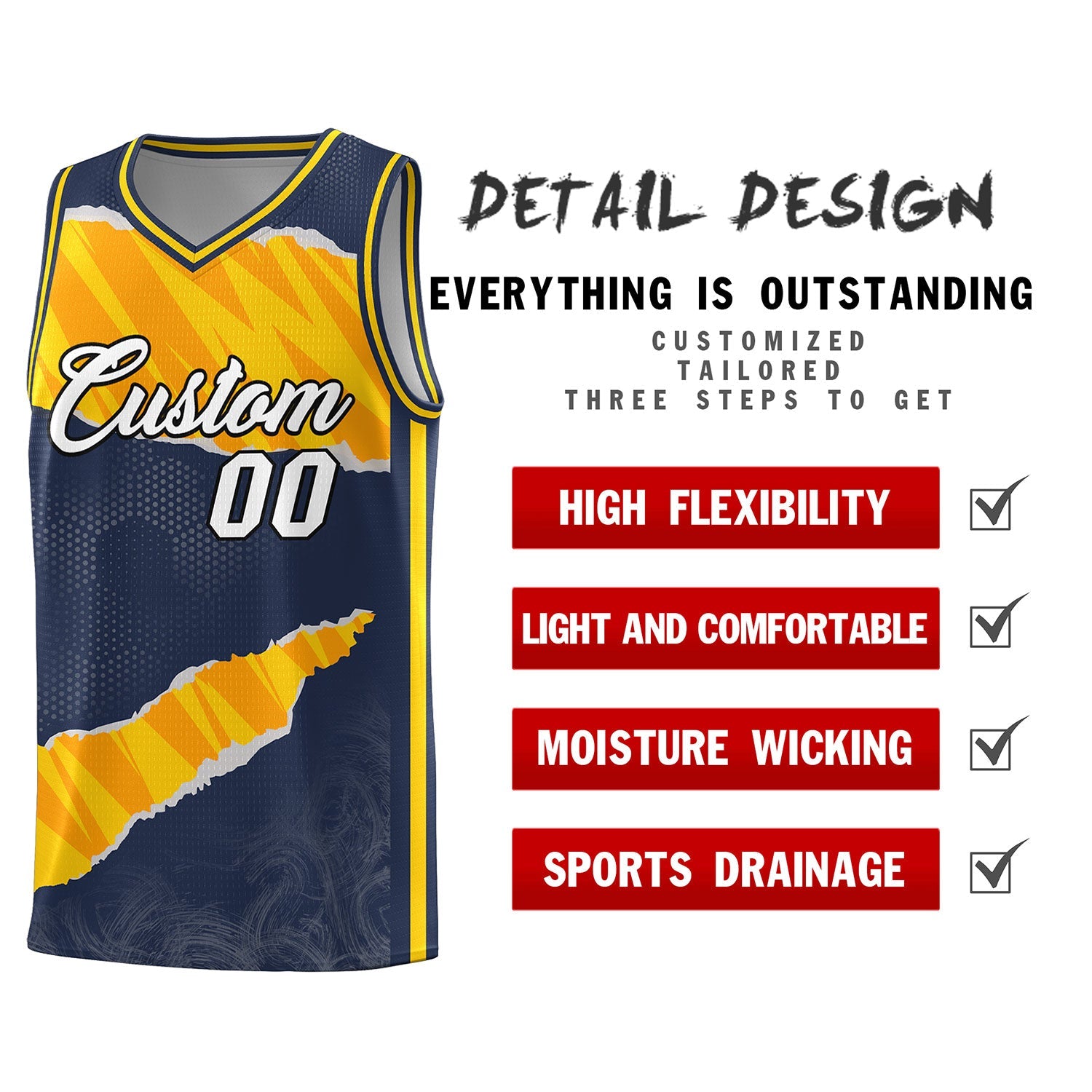 Custom Midnight Blue Gold-Orange Tear Graffiti Pattern Sports Uniform Basketball Jersey