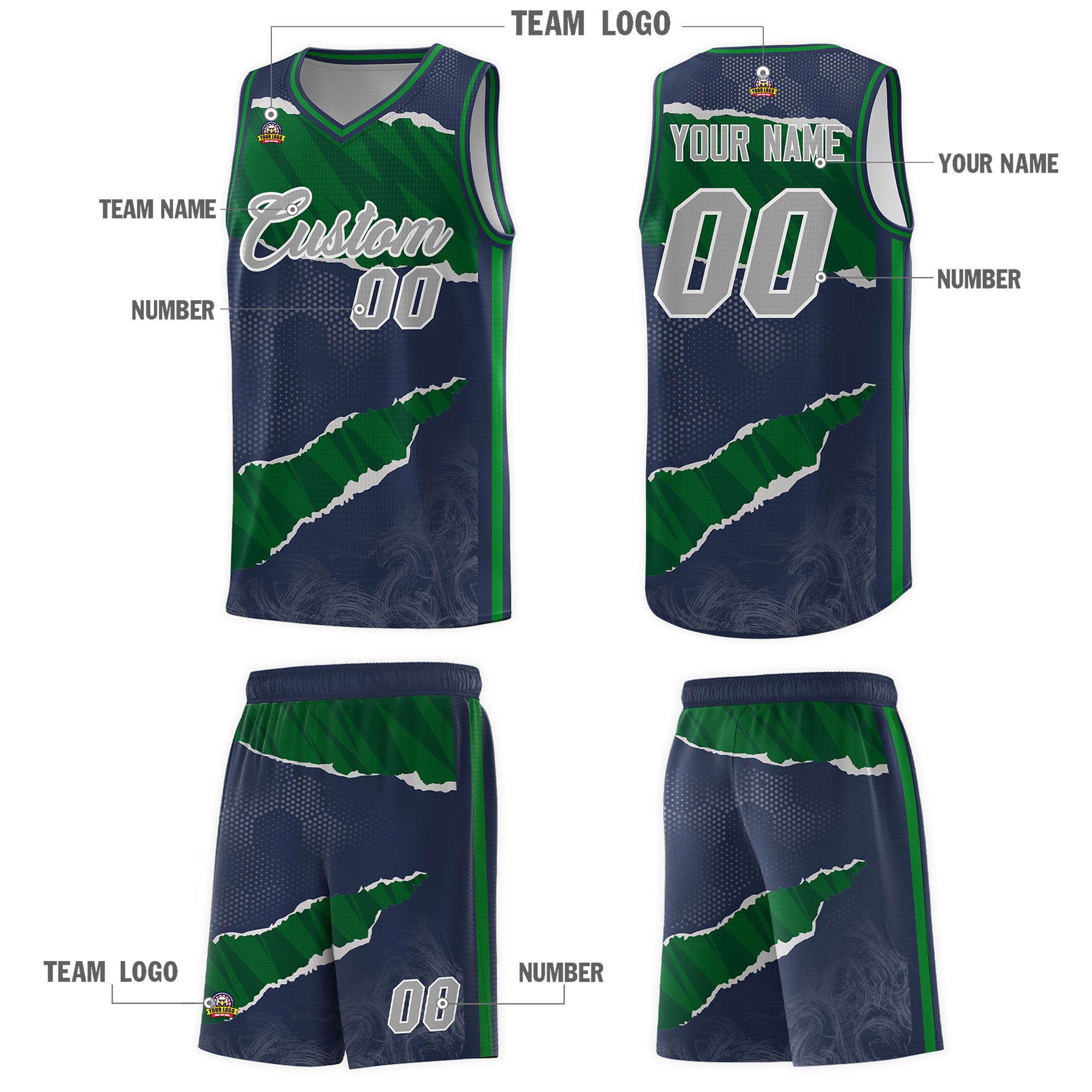 Custom Midnight Blue Kelly Green-Hunter Green Tear Graffiti Pattern Sports Uniform Basketball Jersey