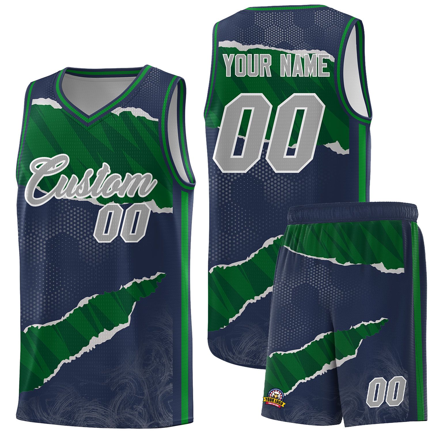 Custom Midnight Blue Kelly Green-Hunter Green Tear Graffiti Pattern Sports Uniform Basketball Jersey