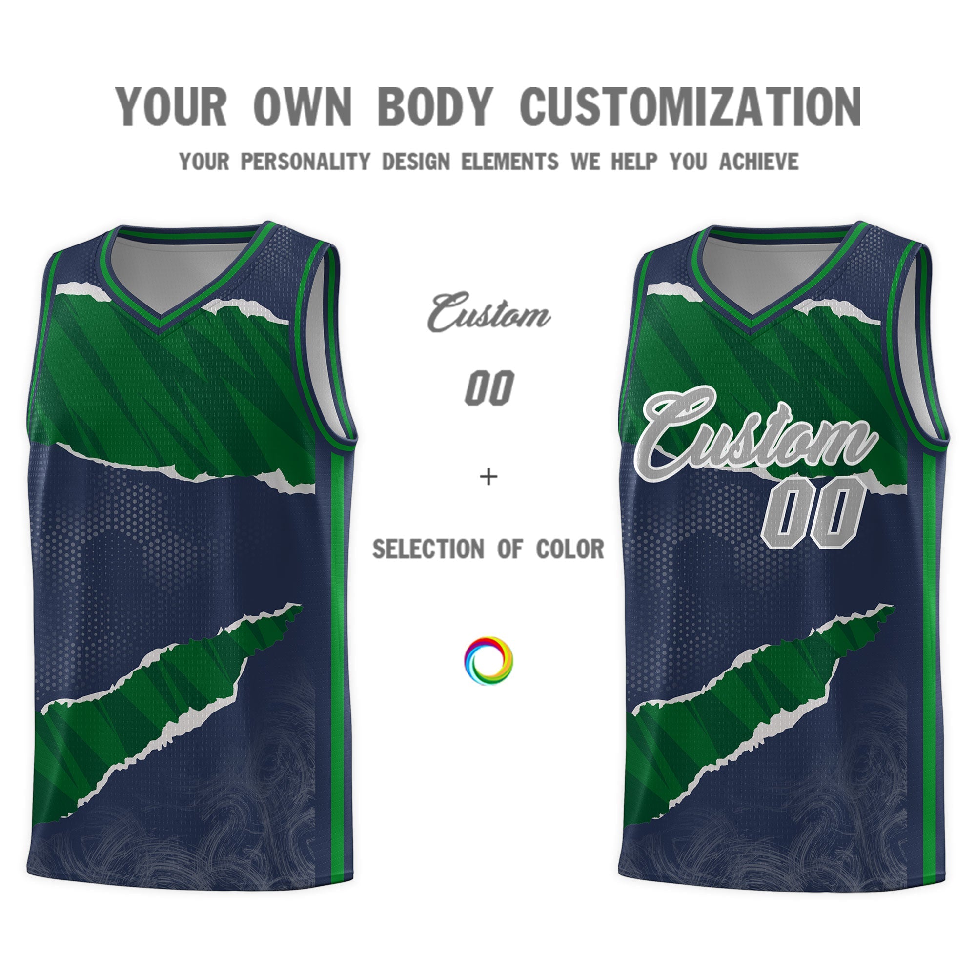 Custom Midnight Blue Kelly Green-Hunter Green Tear Graffiti Pattern Sports Uniform Basketball Jersey