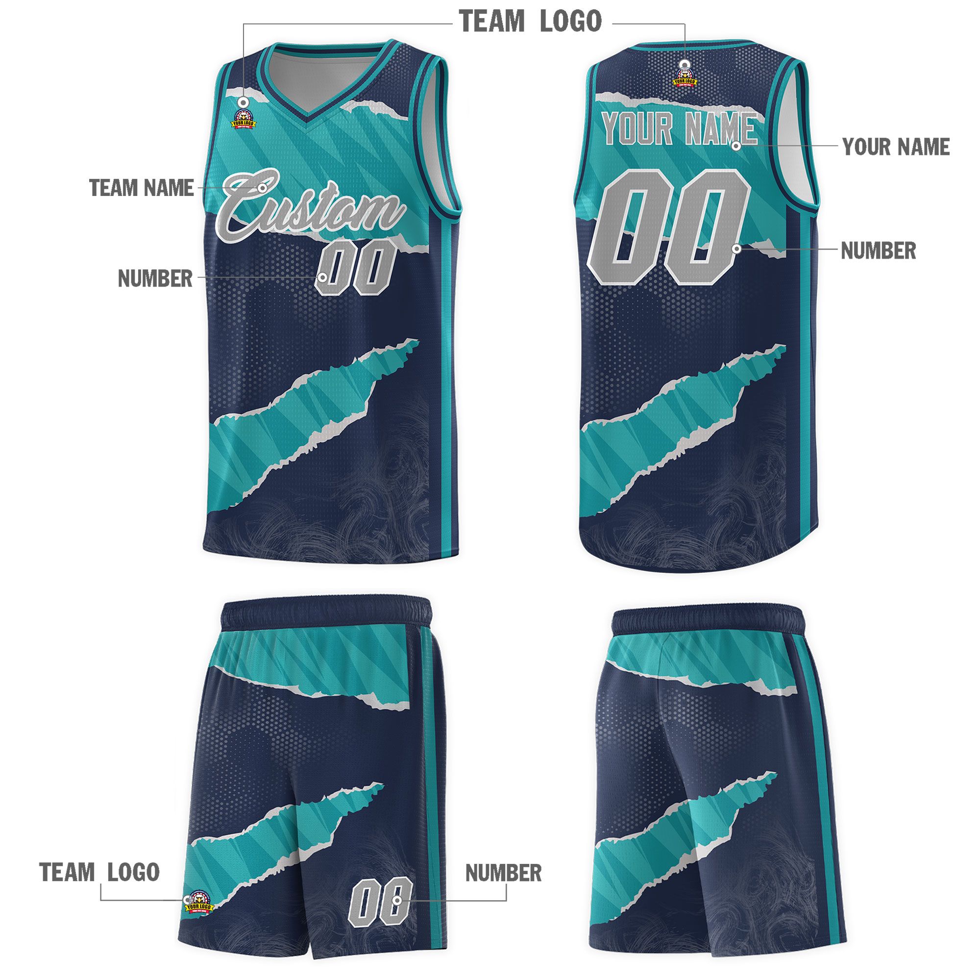 Custom Midnight Blue Aqua-Aqua Tear Graffiti Pattern Sports Uniform Basketball Jersey