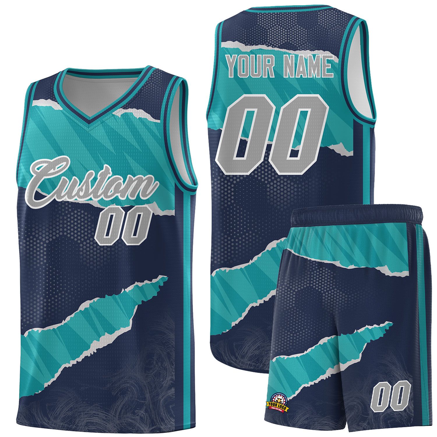 Custom Midnight Blue Aqua-Aqua Tear Graffiti Pattern Sports Uniform Basketball Jersey