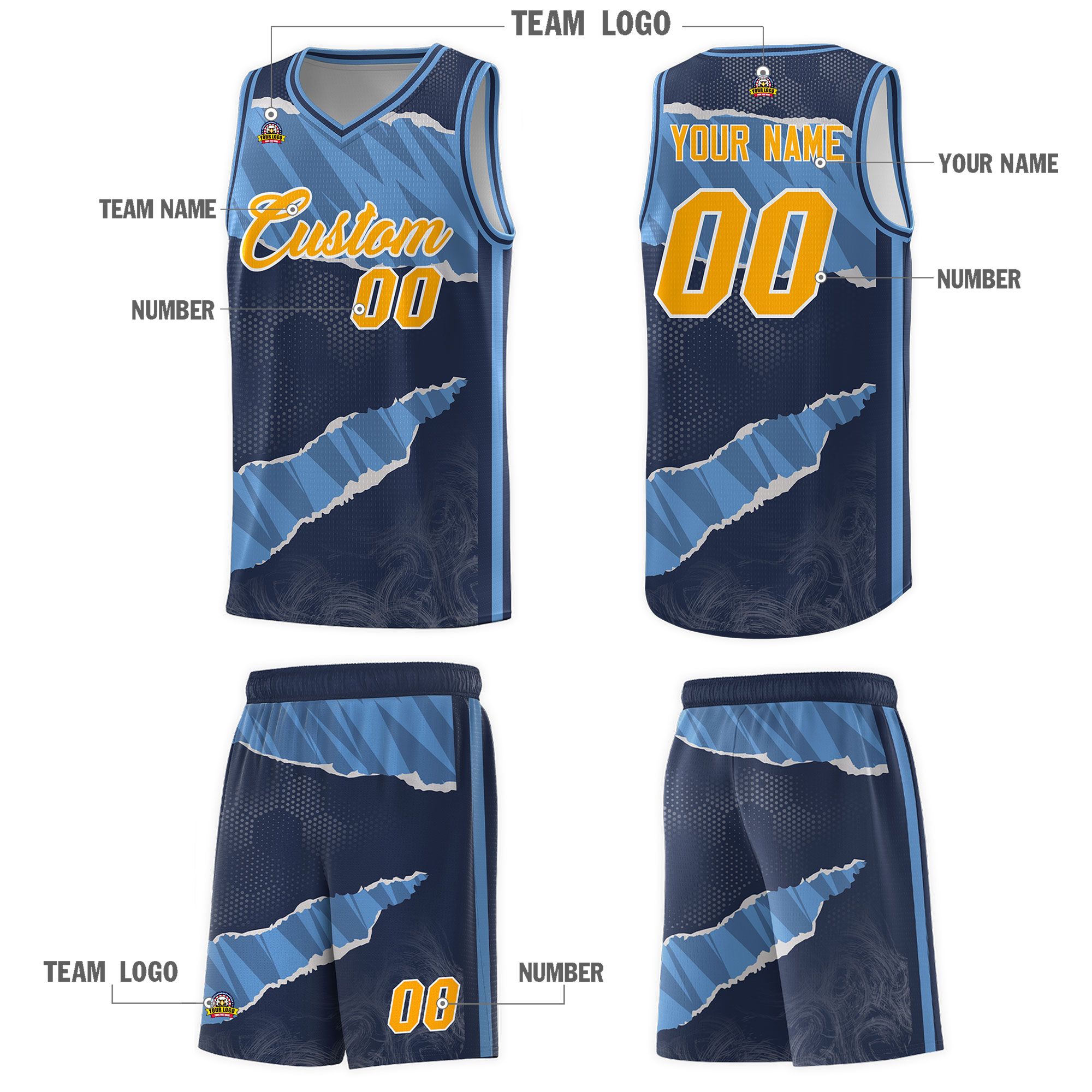 Custom Midnight Blue Light Blue-Navy Tear Graffiti Pattern Sports Uniform Basketball Jersey