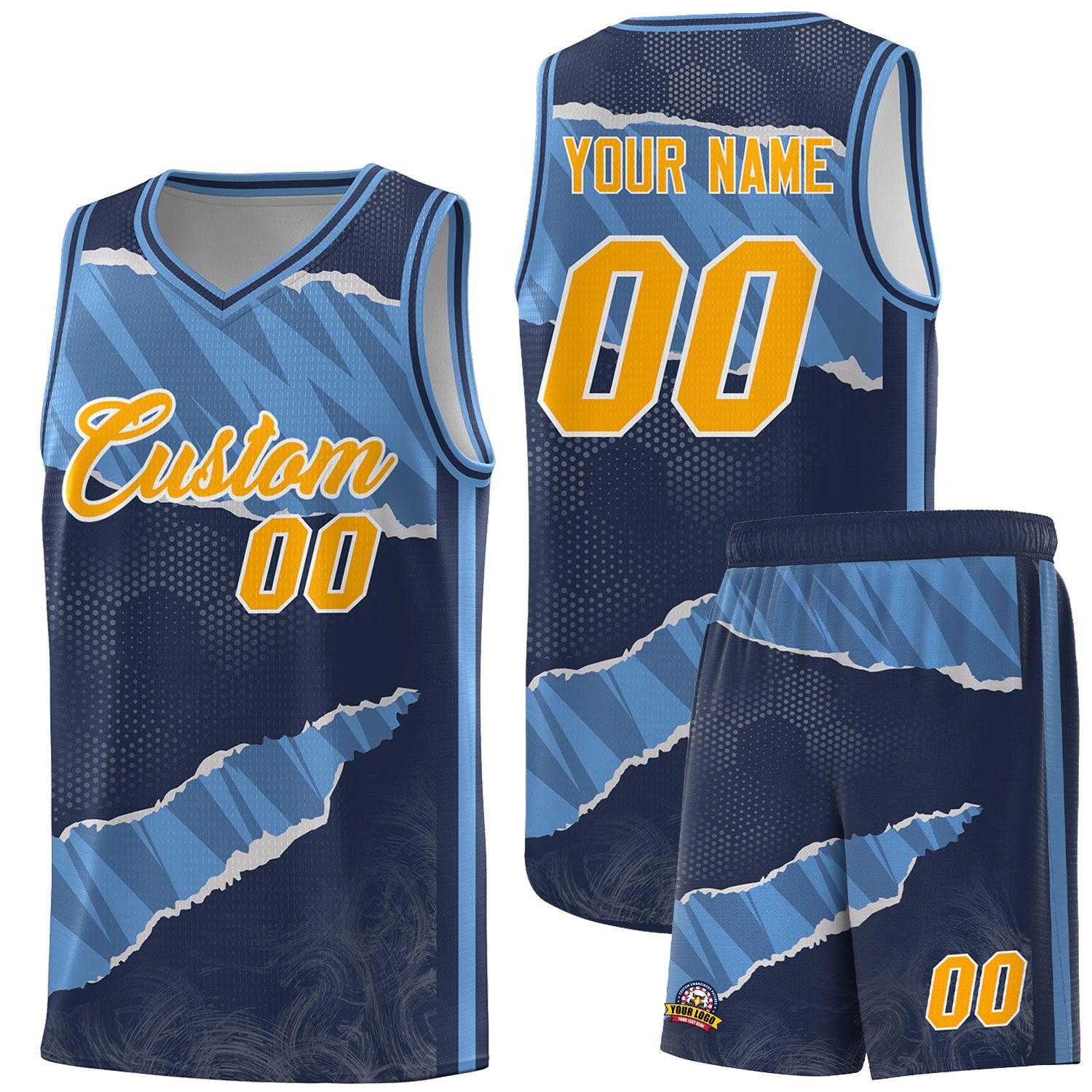 Custom Midnight Blue Light Blue-Navy Tear Graffiti Pattern Sports Uniform Basketball Jersey