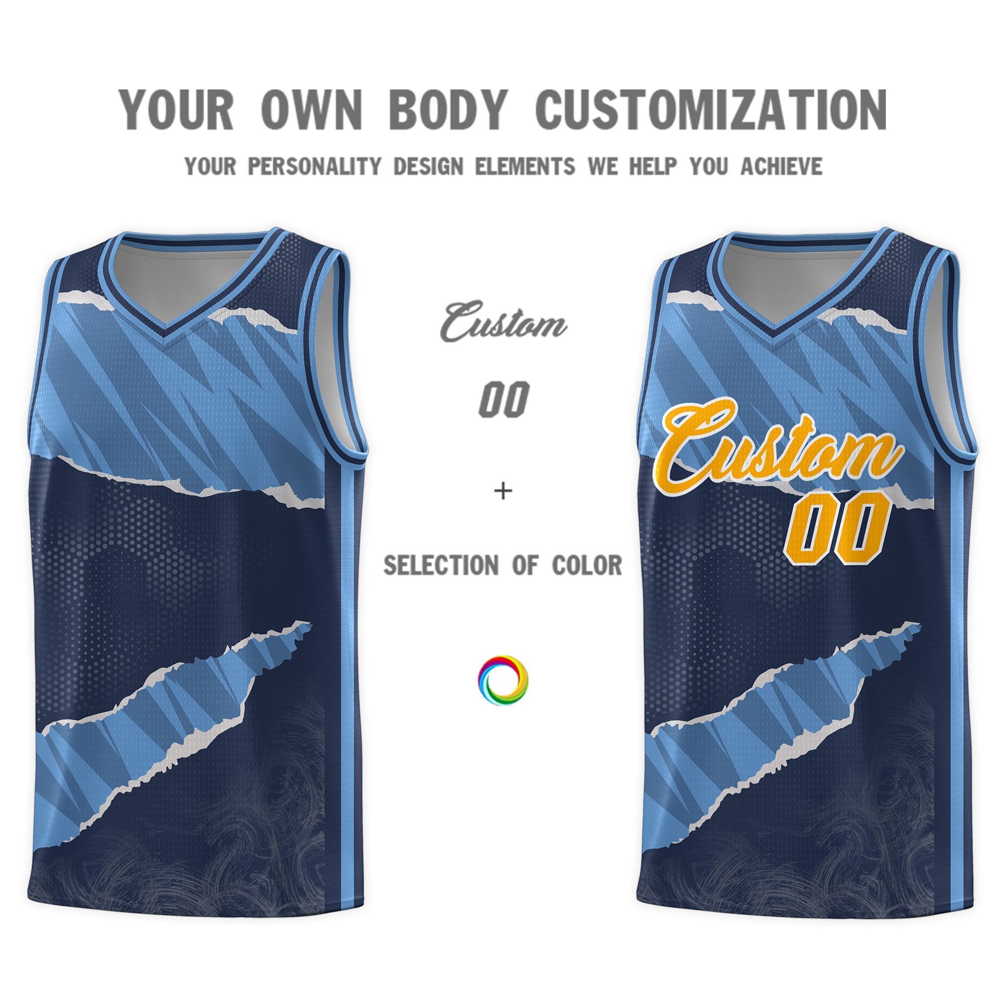 Custom Midnight Blue Light Blue-Navy Tear Graffiti Pattern Sports Uniform Basketball Jersey