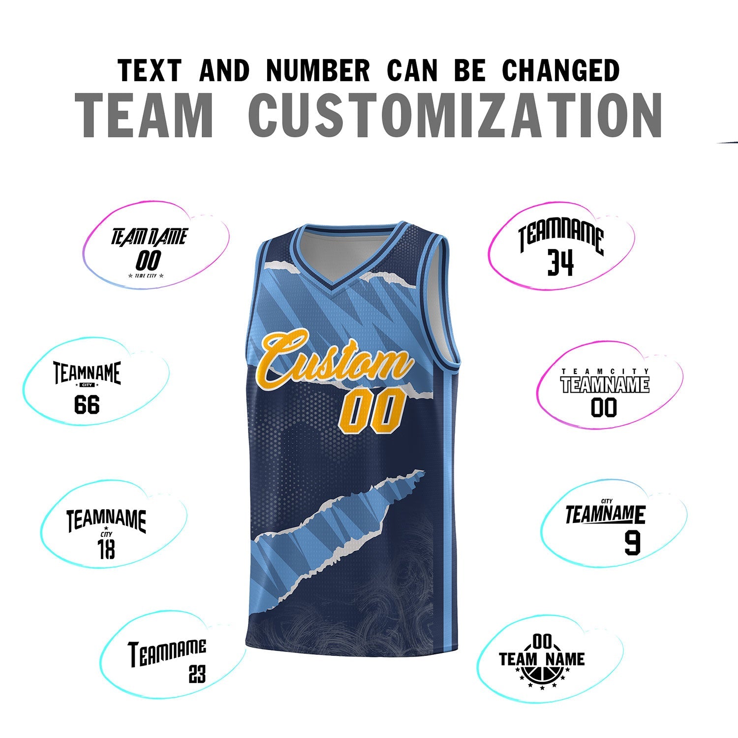 Custom Midnight Blue Light Blue-Navy Tear Graffiti Pattern Sports Uniform Basketball Jersey