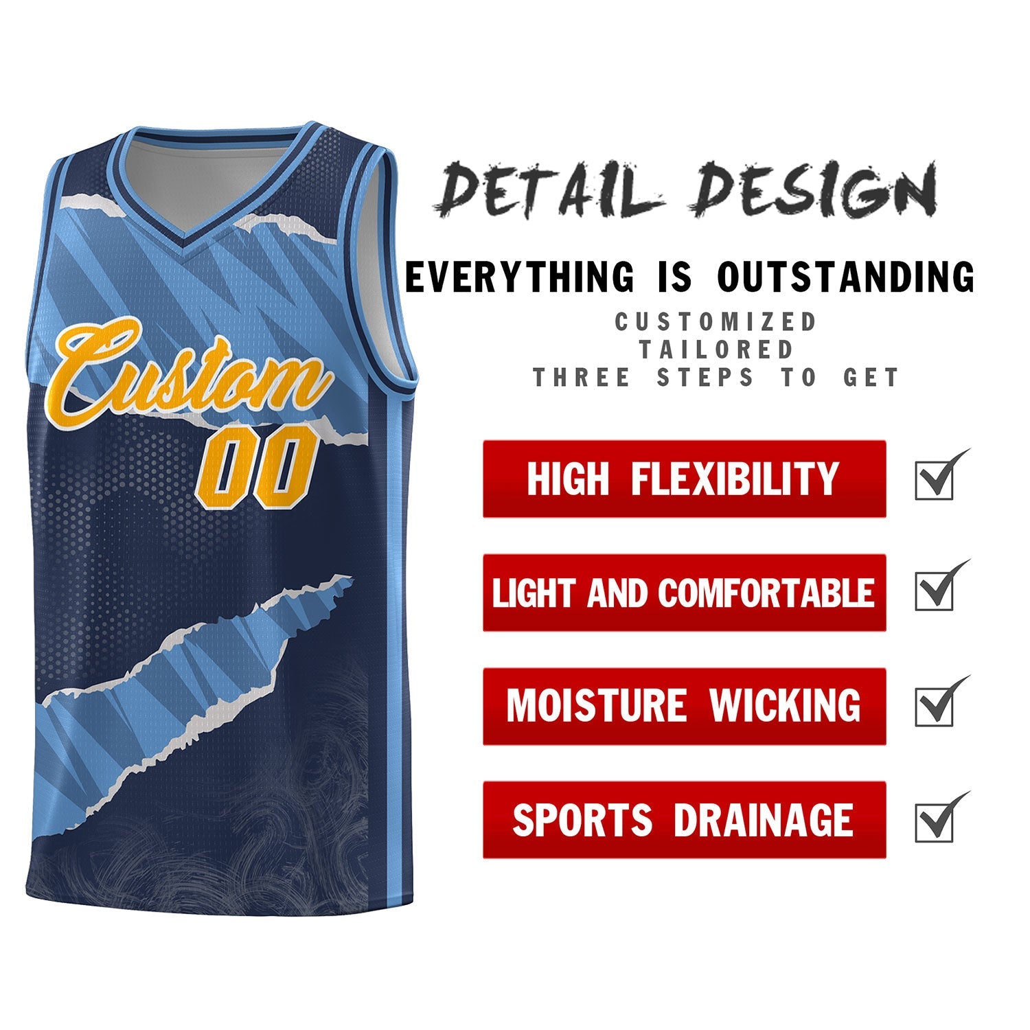 Custom Midnight Blue Light Blue-Navy Tear Graffiti Pattern Sports Uniform Basketball Jersey