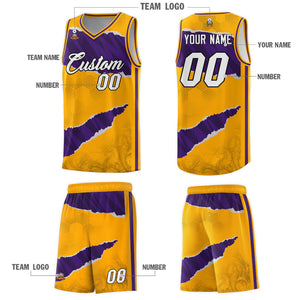 Custom Yellow Purple-Black Tear Graffiti Pattern Sports Uniform Basketball Jersey