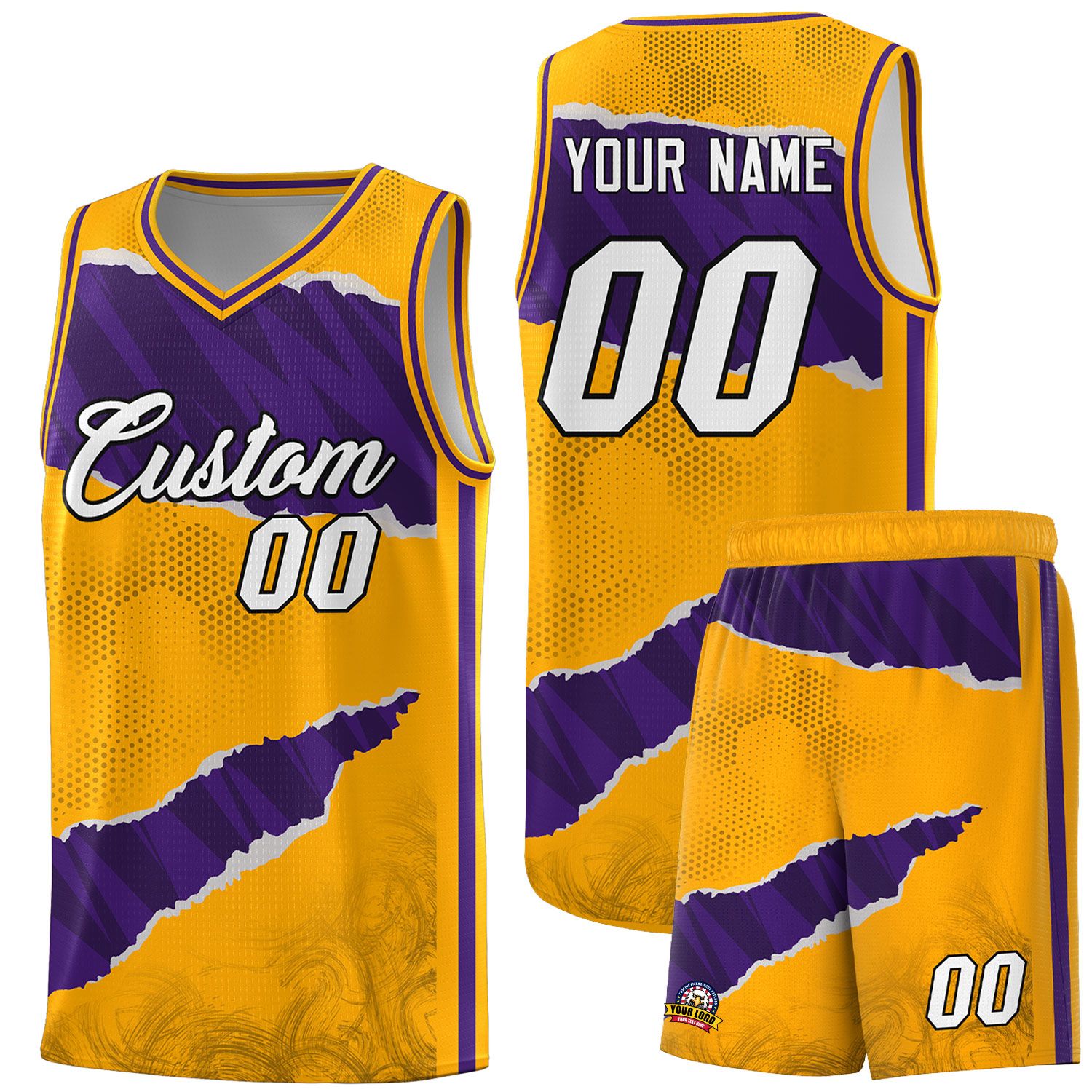 Custom Yellow Purple-Black Tear Graffiti Pattern Sports Uniform Basketball Jersey