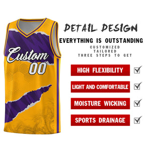 Custom Yellow Purple-Black Tear Graffiti Pattern Sports Uniform Basketball Jersey