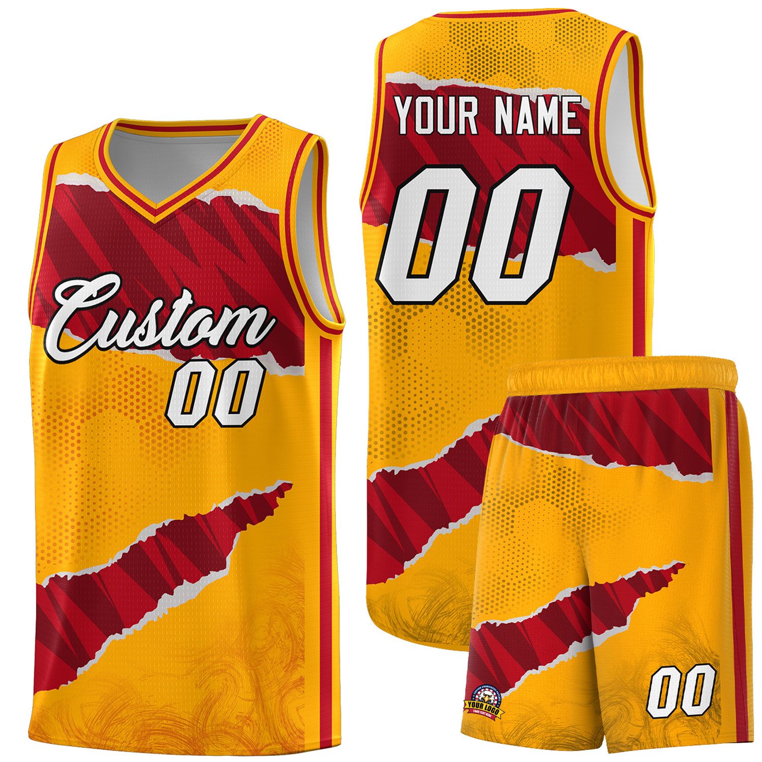 Custom Yellow Red-Black Tear Graffiti Pattern Sports Uniform Basketball Jersey