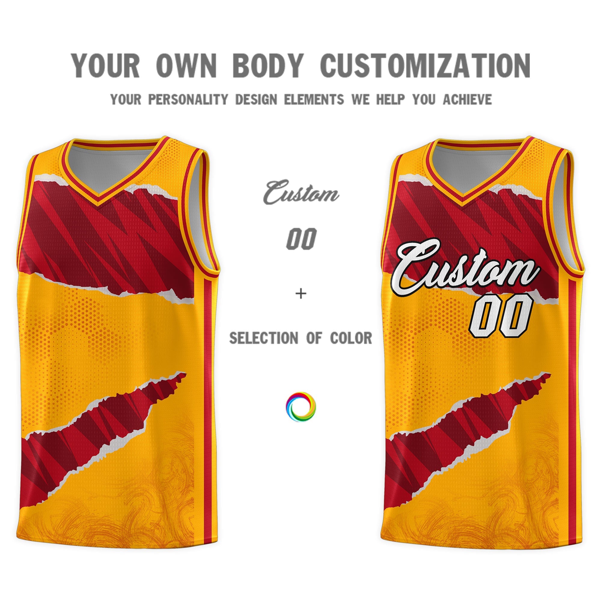 Custom Yellow Red-Black Tear Graffiti Pattern Sports Uniform Basketball Jersey