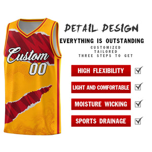 Custom Yellow Red-Black Tear Graffiti Pattern Sports Uniform Basketball Jersey