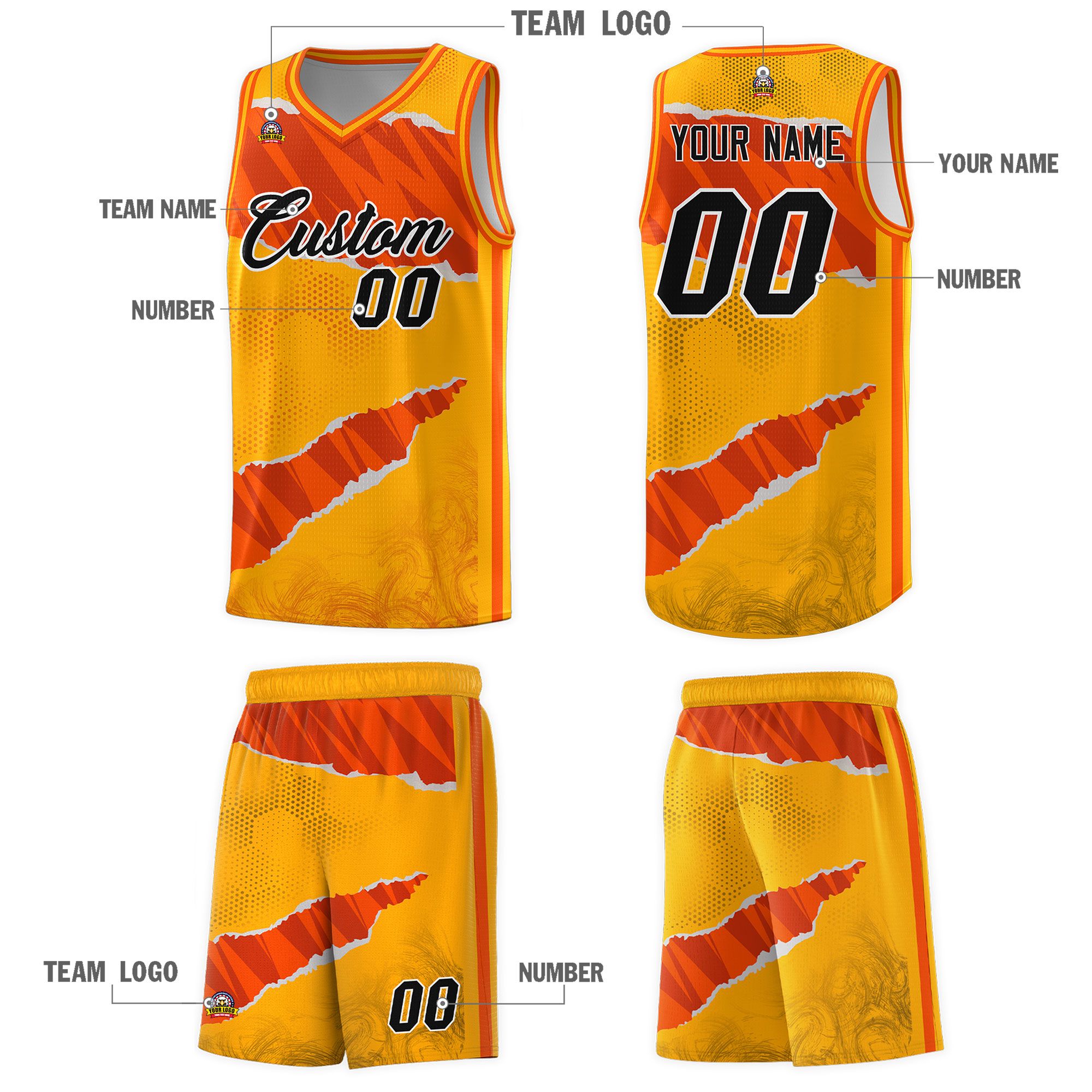 Custom Yellow Orange-Black Tear Graffiti Pattern Sports Uniform Basketball Jersey